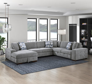 English Elm Left Sectional Five Piece Chenille Sofa with Storage Ottoman and Pull Out Guest Bed Gray B011S04302
