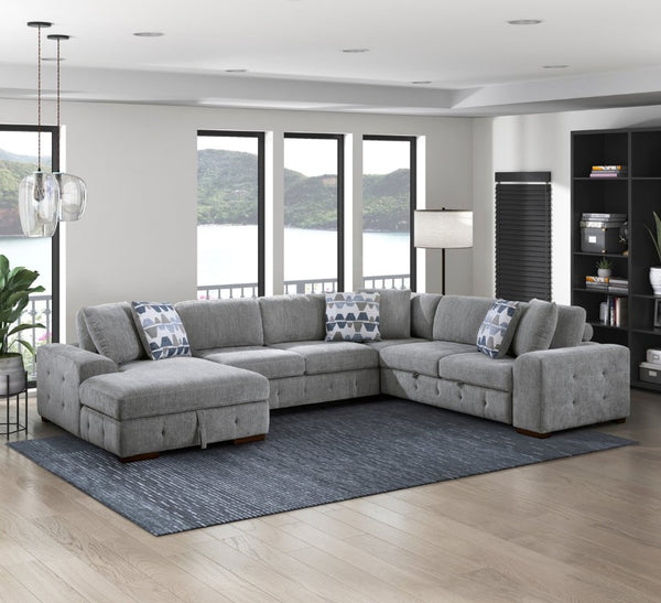 English Elm Left Sectional Five Piece Chenille Sofa with Storage Ottoman and Pull Out Guest Bed Gray B011S04302