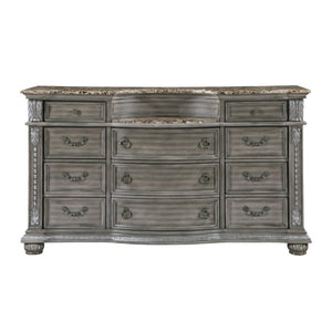 English Elm Traditional Carved Marble Top Dresser and Mirror Set with Gray Acacia Wood Bedroom Dresser with Mirror Set B011S04307