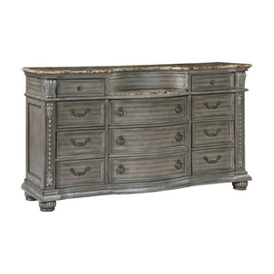 English Elm Traditional Carved Marble Top Dresser and Mirror Set with Gray Acacia Wood Bedroom Dresser with Mirror Set B011S04307