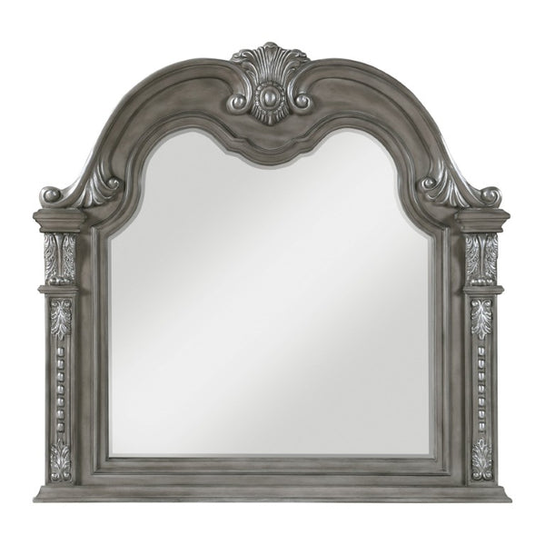 English Elm Traditional Carved Marble Top Dresser and Mirror Set with Gray Acacia Wood Bedroom Dresser with Mirror Set B011S04307