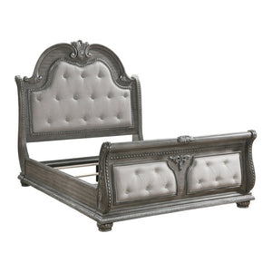 English Elm Traditional Sleigh King Bed Carved Acanthus Wood Frame Tufted Linen Upholstered Headboard Gray 84 L x 94.5 W x 73 H B011S04310
