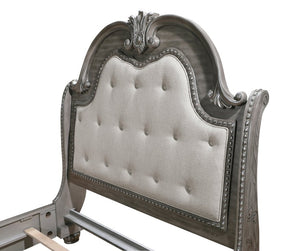 English Elm Traditional Sleigh King Bed Carved Acanthus Wood Frame Tufted Linen Upholstered Headboard Gray 84 L x 94.5 W x 73 H B011S04310