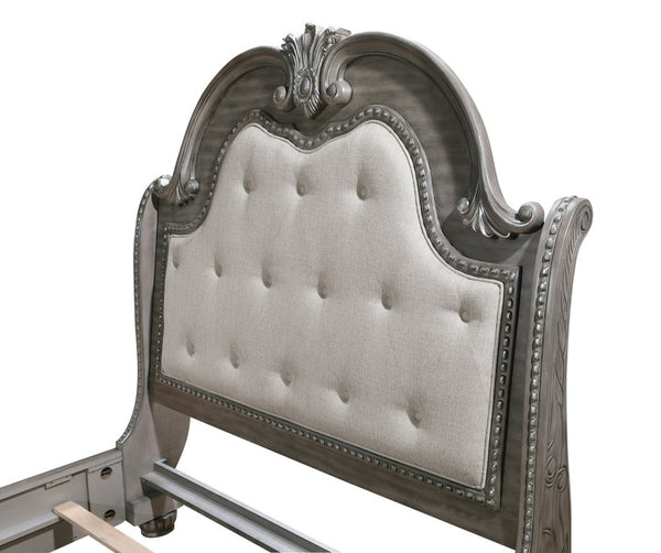 English Elm Traditional Sleigh King Bed Carved Acanthus Wood Frame Tufted Linen Upholstered Headboard Gray 84 L x 94.5 W x 73 H B011S04310