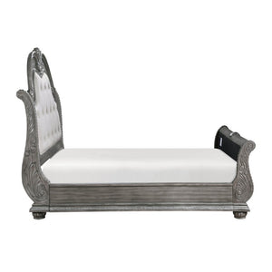 English Elm Traditional Sleigh King Bed Carved Acanthus Wood Frame Tufted Linen Upholstered Headboard Gray 84 L x 94.5 W x 73 H B011S04310