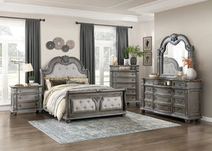 English Elm Traditional Sleigh King Bed Carved Acanthus Wood Frame Tufted Linen Upholstered Headboard Gray 84 L x 94.5 W x 73 H B011S04310