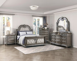 English Elm Traditional Sleigh King Bed Carved Acanthus Wood Frame Tufted Linen Upholstered Headboard Gray 84 L x 94.5 W x 73 H B011S04310