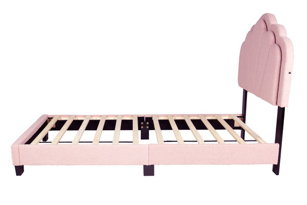 English Elm Modern Pink Wool Tufted Scalloped Headboard Platform Bedroom Set with LED Lighting B011S04311
