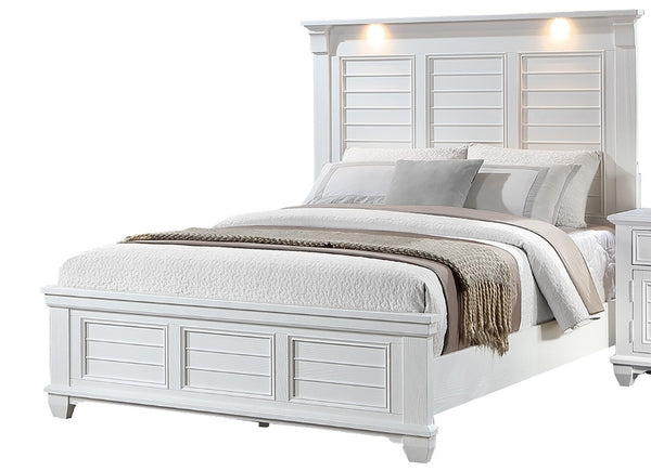 English Elm Queen Platform Bed Acacia Solid Wood Frame with Built-In LED Lighting White Finish B011S04324