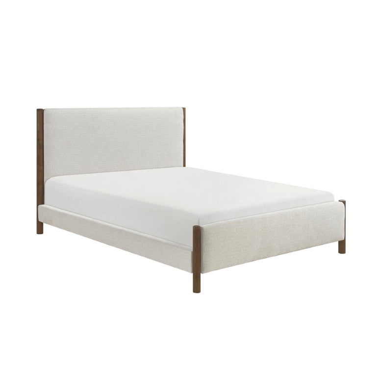 English Elm California King Platform Bed Chenille Upholstered Frame with Oak Wood Corner Accents B011S04327
