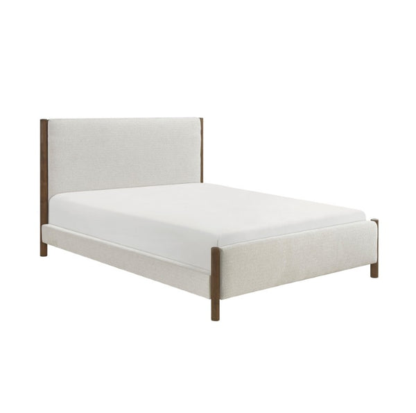 English Elm California King Platform Bed Chenille Upholstered Frame with Oak Wood Corner Accents B011S04327