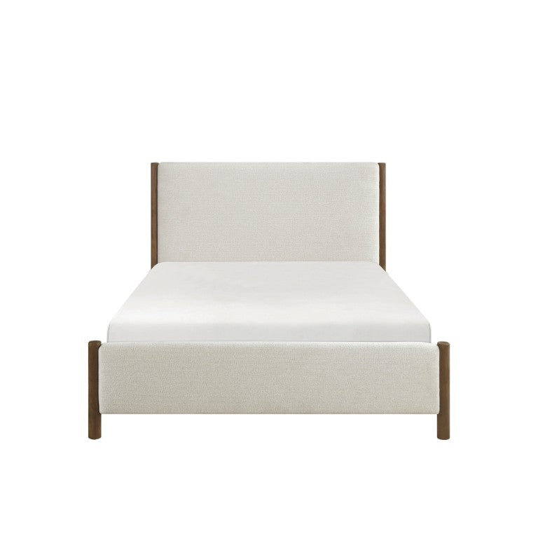 English Elm California King Platform Bed Chenille Upholstered Frame with Oak Wood Corner Accents B011S04327