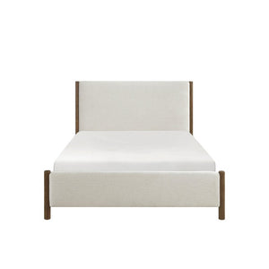 English Elm California King Platform Bed Chenille Upholstered Frame with Oak Wood Corner Accents B011S04327