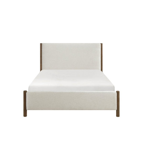 English Elm California King Platform Bed Chenille Upholstered Frame with Oak Wood Corner Accents B011S04327