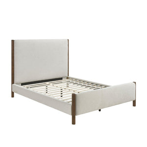 English Elm California King Platform Bed Chenille Upholstered Frame with Oak Wood Corner Accents B011S04327
