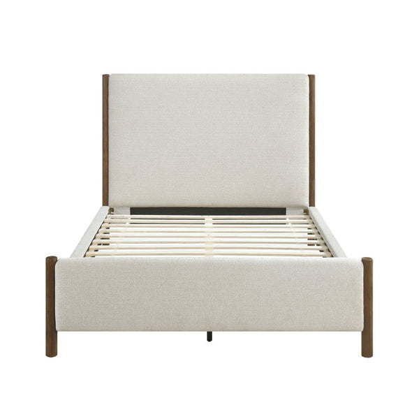 English Elm California King Platform Bed Chenille Upholstered Frame with Oak Wood Corner Accents B011S04327