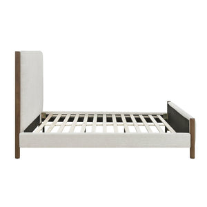 English Elm California King Platform Bed Chenille Upholstered Frame with Oak Wood Corner Accents B011S04327