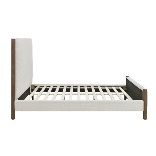 English Elm California King Platform Bed Chenille Upholstered Frame with Oak Wood Corner Accents B011S04327