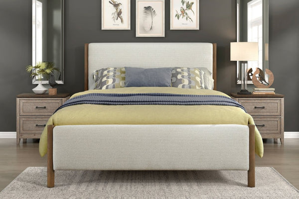 English Elm California King Platform Bed Chenille Upholstered Frame with Oak Wood Corner Accents B011S04327