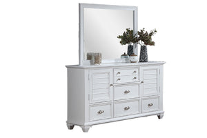 English Elm White Acacia Wood Dresser with Mirror Framed Drawers and Tailored Molding Detail 61 L x 18 W x 38 H B011S04330