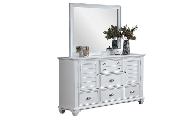 English Elm White Acacia Wood Dresser with Mirror Framed Drawers and Tailored Molding Detail 61 L x 18 W x 38 H B011S04330