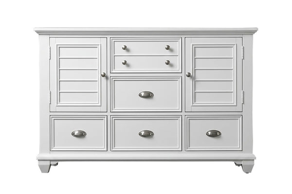 English Elm White Acacia Wood Dresser with Mirror Framed Drawers and Tailored Molding Detail 61 L x 18 W x 38 H B011S04330