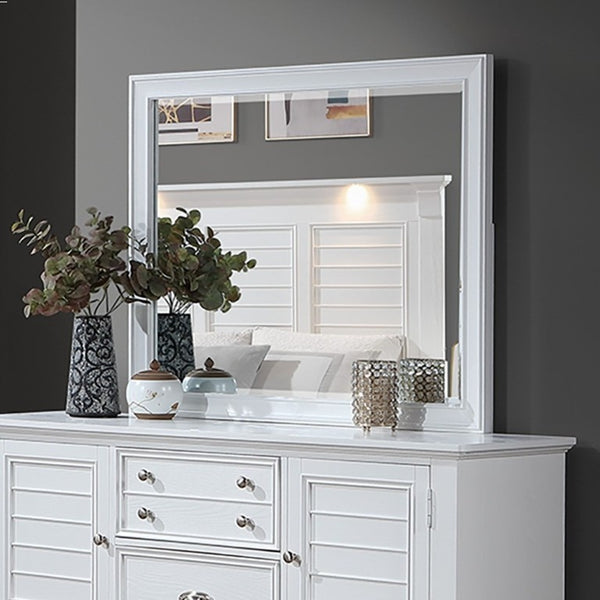 English Elm White Acacia Wood Dresser with Mirror Framed Drawers and Tailored Molding Detail 61 L x 18 W x 38 H B011S04330