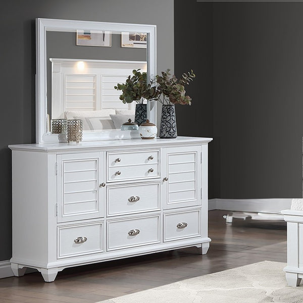English Elm White Acacia Wood Dresser with Mirror Framed Drawers and Tailored Molding Detail 61 L x 18 W x 38 H B011S04330
