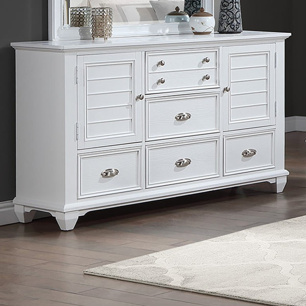 English Elm White Acacia Wood Dresser with Mirror Framed Drawers and Tailored Molding Detail 61 L x 18 W x 38 H B011S04330