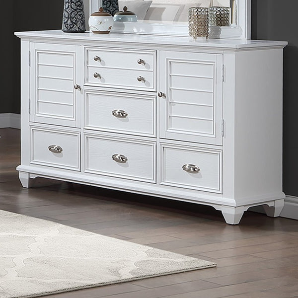 English Elm White Acacia Wood Dresser with Mirror Framed Drawers and Tailored Molding Detail 61 L x 18 W x 38 H B011S04330