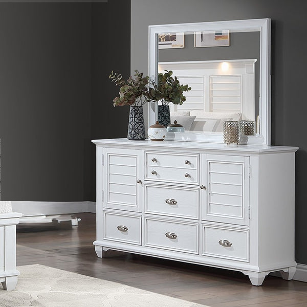 English Elm White Acacia Wood Dresser with Mirror Framed Drawers and Tailored Molding Detail 61 L x 18 W x 38 H B011S04330