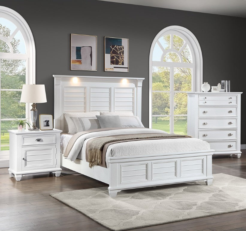 English Elm White Queen Platform Bedroom Set with LED Headboard Solid Acacia Wood 3 Piece B011S04335
