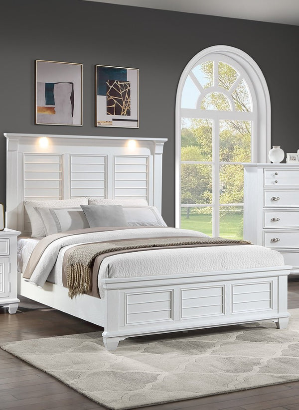 English Elm White Queen Platform Bedroom Set with LED Headboard Solid Acacia Wood 3 Piece B011S04335