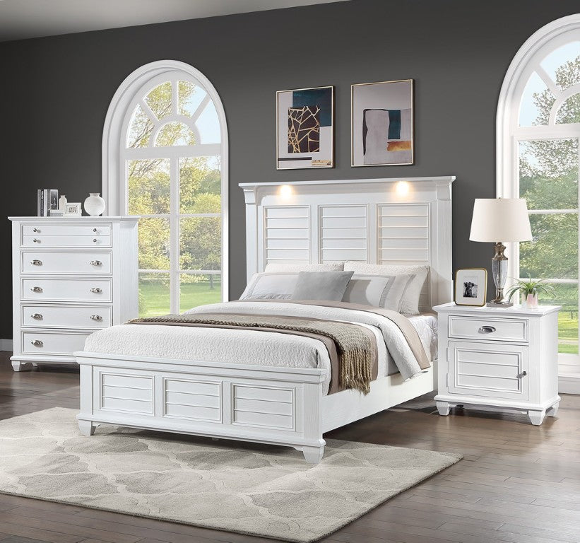 English Elm White Queen Platform Bedroom Set with LED Headboard Solid Acacia Wood 3 Piece B011S04335