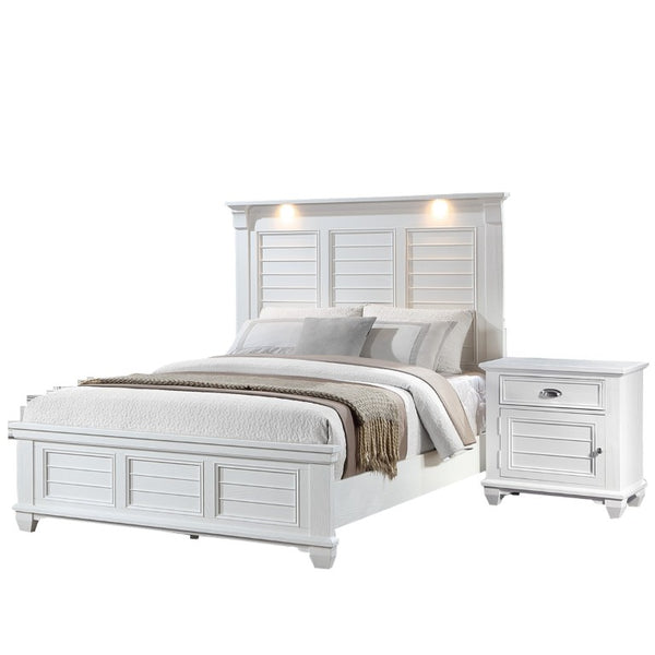 English Elm White Queen Platform Bedroom Set with LED Headboard Solid Acacia Wood 3 Piece B011S04335