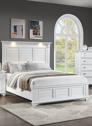 English Elm White Solid Wood King Bedroom Set with LED Headboard Panel Framing and Matching Storage B011S04336