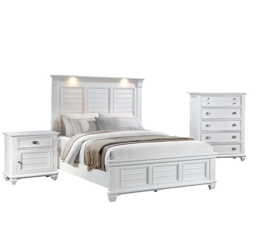 English Elm White Solid Wood King Bedroom Set with LED Headboard Panel Framing and Matching Storage B011S04336