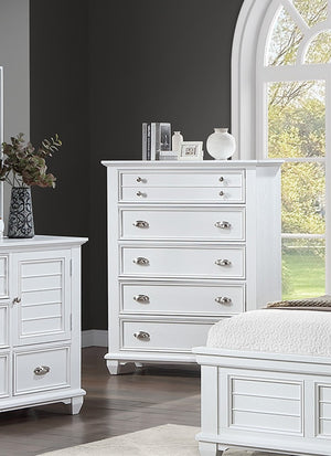 English Elm White Solid Wood King Bedroom Set with LED Headboard Panel Framing and Matching Storage B011S04336