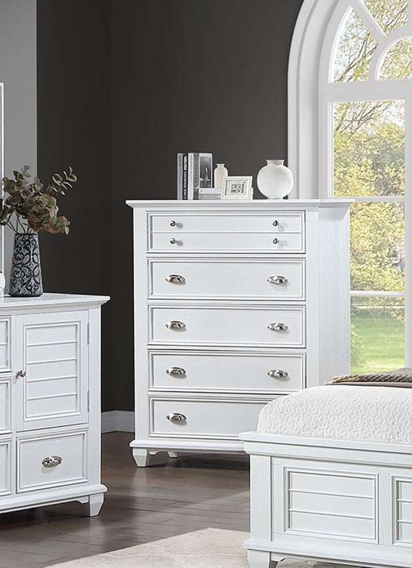 English Elm White Solid Wood King Bedroom Set with LED Headboard Panel Framing and Matching Storage B011S04336