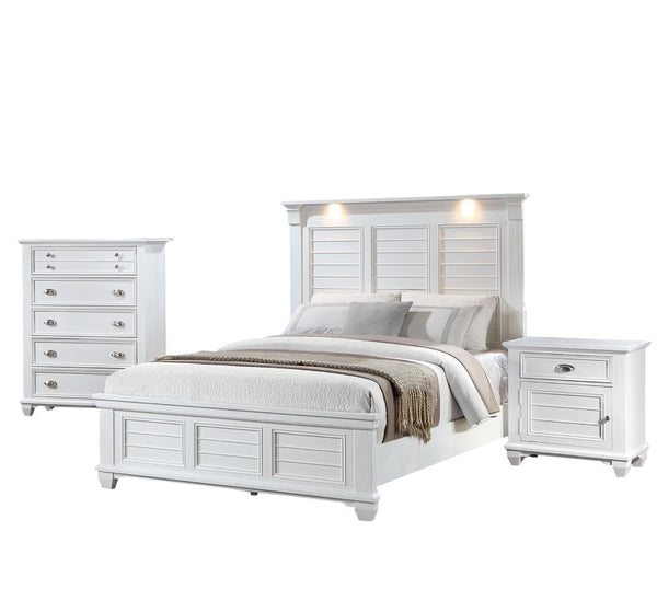 English Elm White Solid Wood King Bedroom Set with LED Headboard Panel Framing and Matching Storage B011S04336