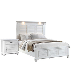 English Elm White Solid Wood King Bedroom Set with LED Headboard Panel Framing and Matching Storage B011S04336