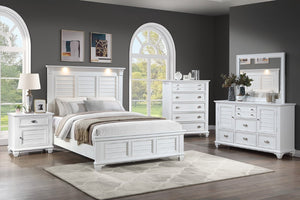 English Elm White Solid Wood King Bedroom Set with LED Headboard Panel Framing and Matching Storage B011S04336