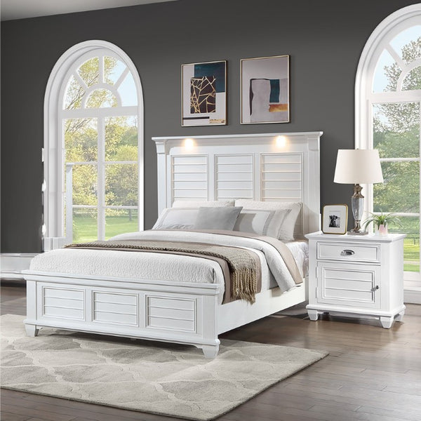 English Elm White Solid Wood King Bedroom Set with LED Headboard Panel Framing and Matching Storage B011S04336