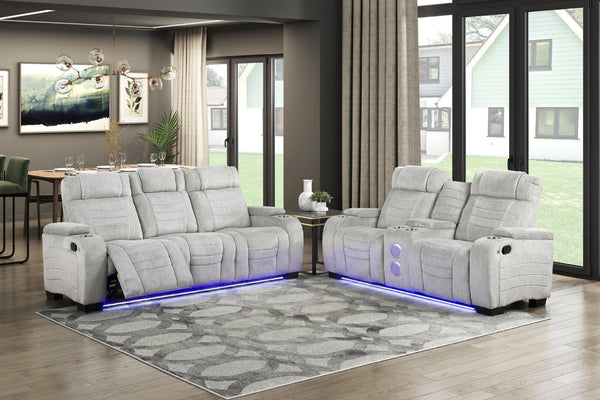 English Elm Luxury Reclining Sofa and Loveseat Set with LED Lighting Wireless Speaker Microfiber B011S04340