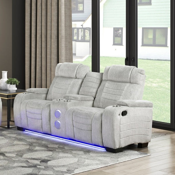English Elm Luxury Reclining Sofa and Loveseat Set with LED Lighting Wireless Speaker Microfiber B011S04340