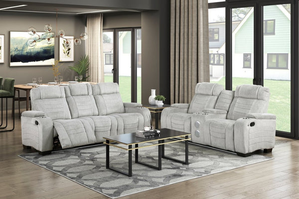 English Elm Luxury Reclining Sofa and Loveseat Set with LED Lighting Wireless Speaker Microfiber B011S04340