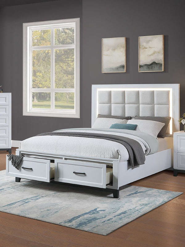 English Elm Panel Upholstered King Storage Bed with LED Headboard Grid Tufted Two Tone Design B011S04345