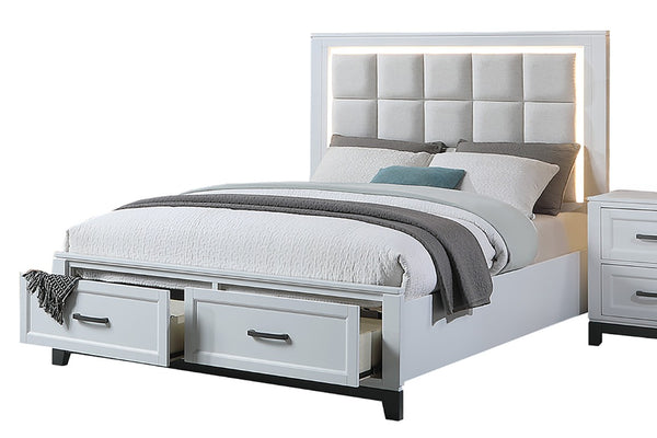English Elm 3Pc Queen Bedroom Set Grid Tufted Upholstered Headboard with LED Lighting and Storage Queen 2x Nightstands B011S04350