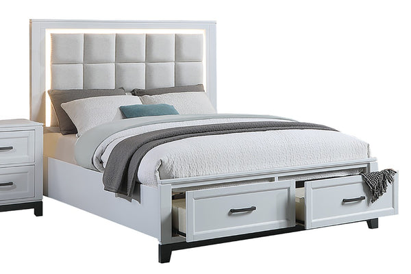 English Elm 3Pc Queen Bedroom Set Grid Tufted Upholstered Headboard with LED Lighting and Storage Queen 2x Nightstands B011S04350
