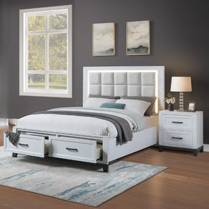 English Elm 3Pc Queen Bedroom Set Grid Tufted Upholstered Headboard with LED Lighting and Storage Queen 2x Nightstands B011S04350